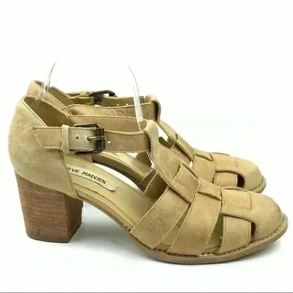 Steve Madden Fanniee heels 9.5 tan leather chunky 60s 70s vintage boho